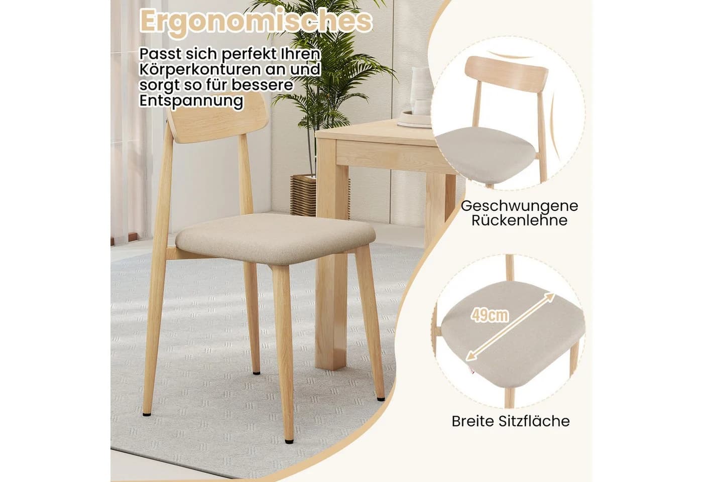 COSTWAY Esszimmerstuhl 2er Set gepolstert Eiche Landhaus