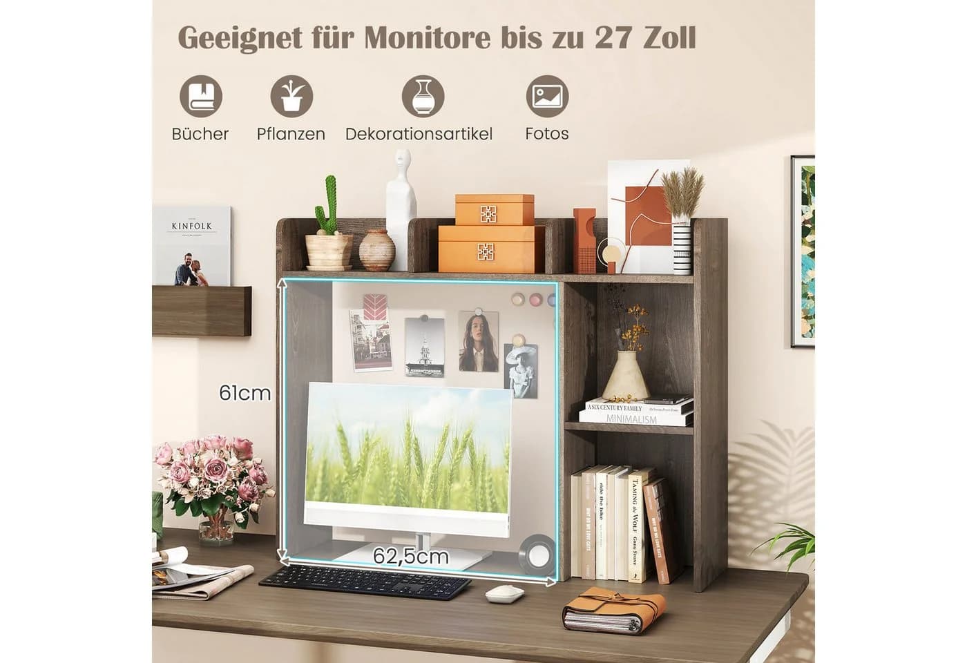 COSTWAY Schreibtischregal Grau mit 4 Ablagen