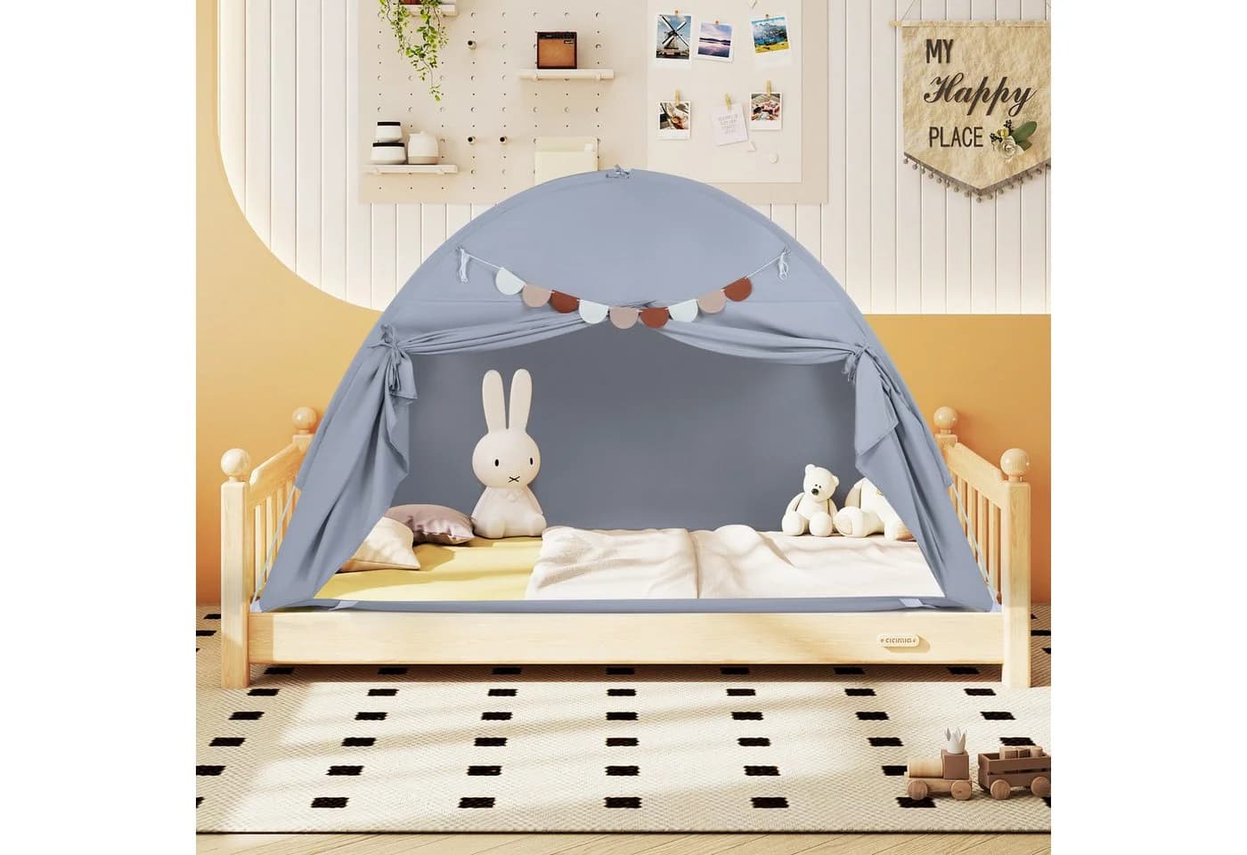 COSTWAY Bettzelt Faltbares Zwillingsbett-Zelt mit 2 Fenstern & Fahnen Beige/Grau