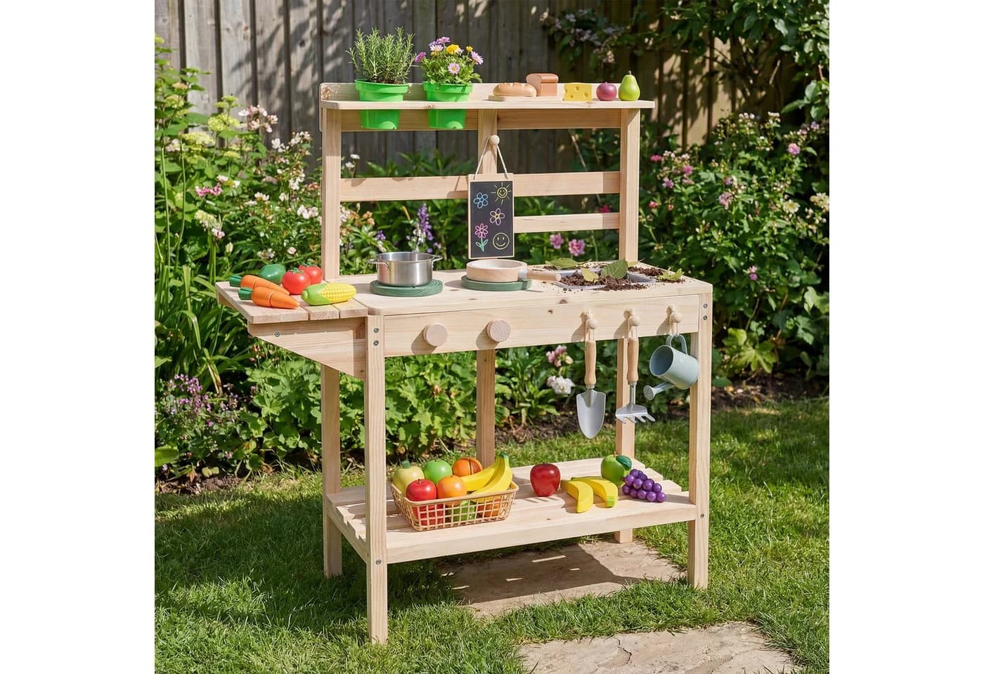 COSTWAY Outdoor-Spielküche Holz Spielküchelset mit Herd, Spüle, Blumentöpfen & Tafel