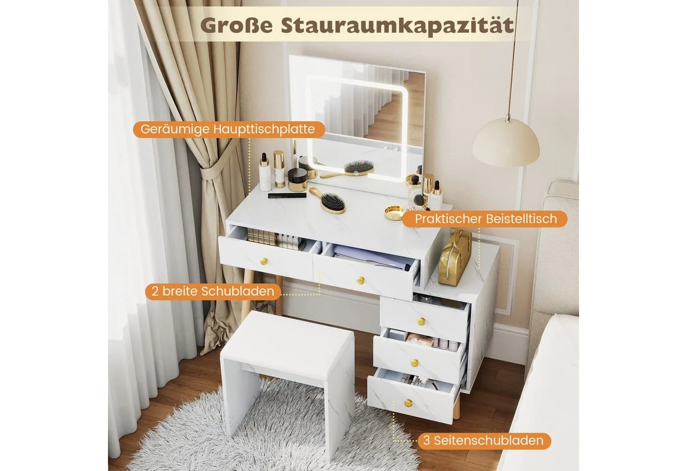 COSTWAY Schminktisch mit LED Spiegel, 5 Schubladen, Hocker Weiß
