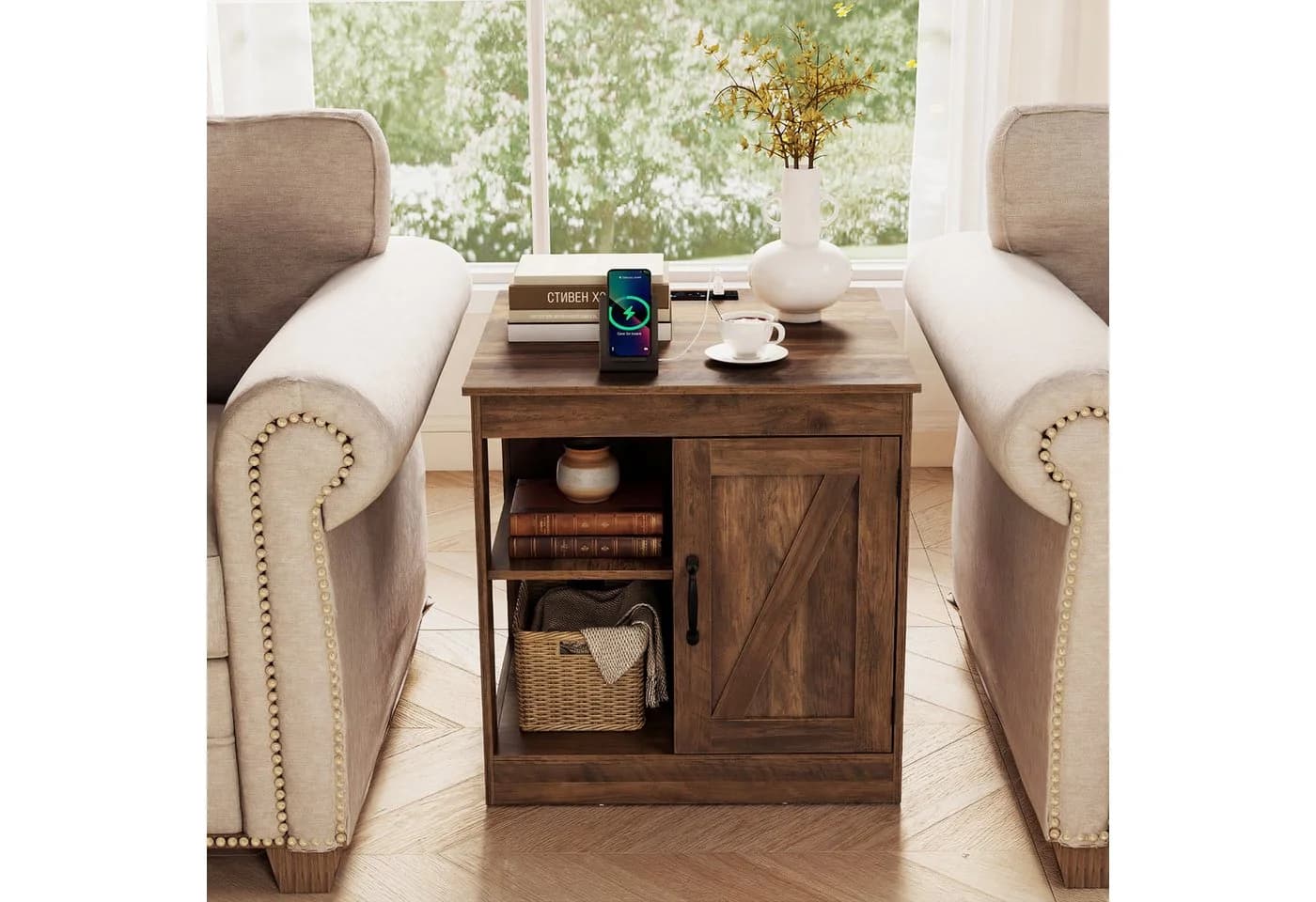 COSTWAY Beistelltisch mit Ladefunktion & verstellbarem Regal