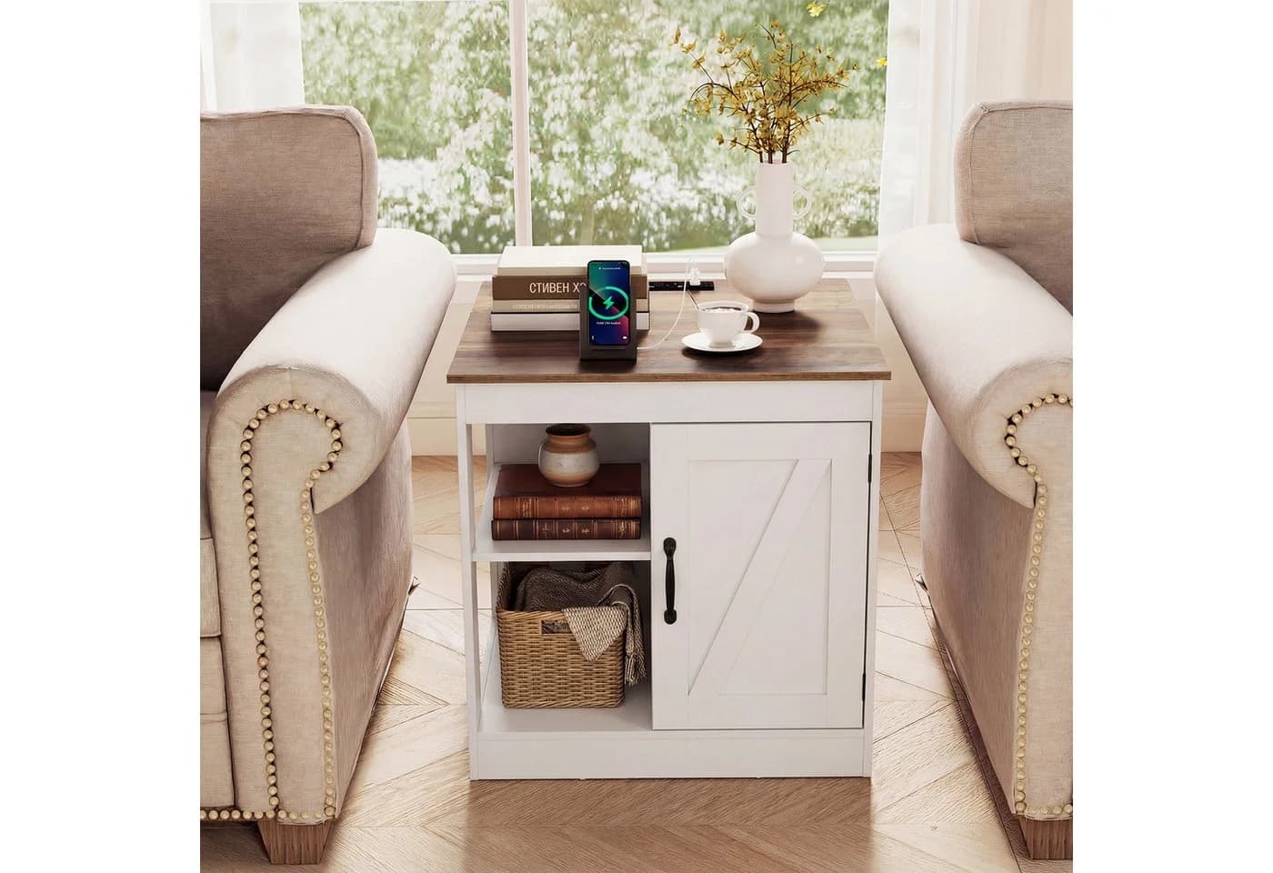 COSTWAY Beistelltisch mit Ladefunktion & verstellbarem Regal