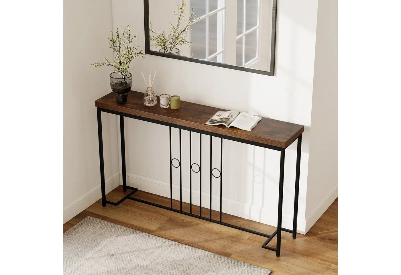 COSTWAY Konsolentisch Schwarz Braun H-förmige Basis