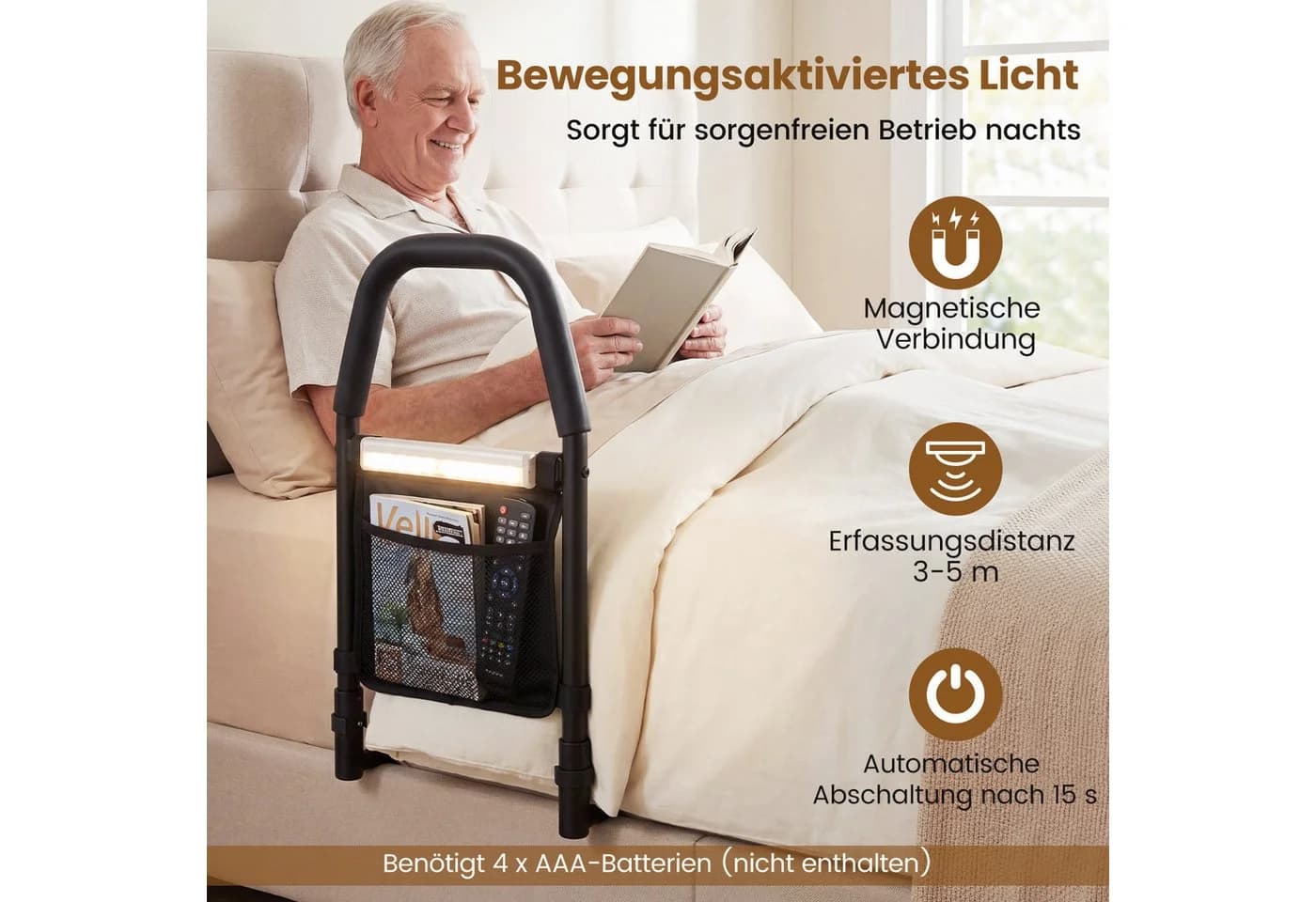 COSTWAY Bett-Aufstehhilfe mit LED-Sensorlicht & Organizer Schwarz