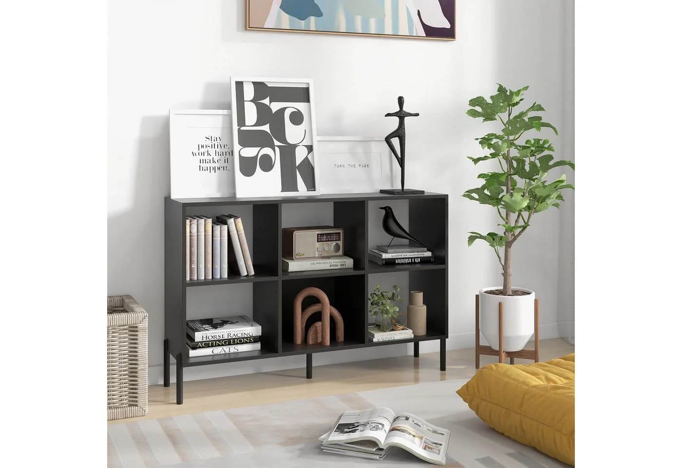 COSTWAY Bücherregal 6 Fächer Schwarz Verstellbar