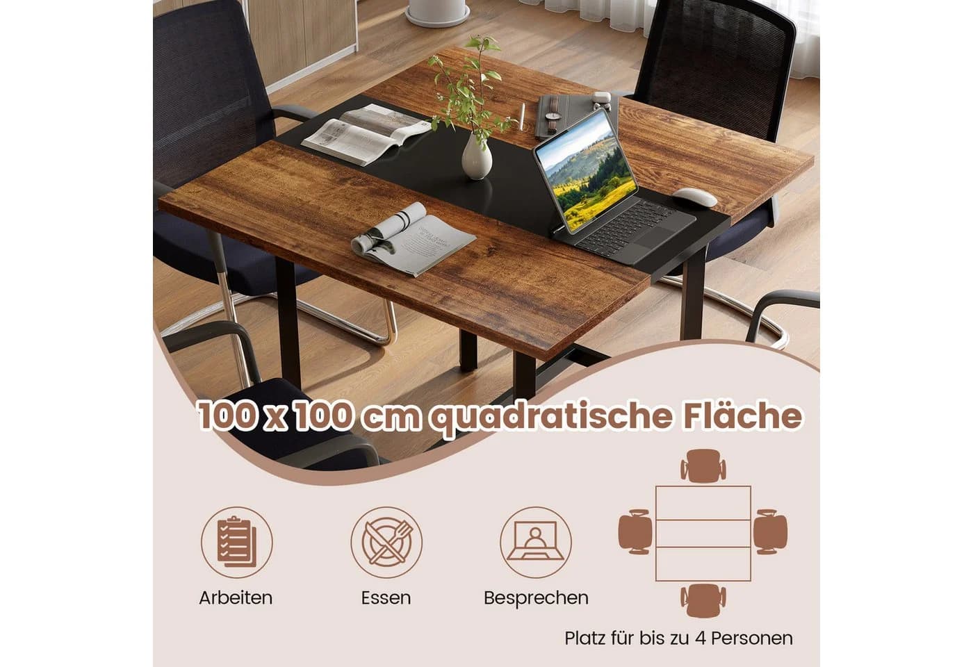 COSTWAY Konferenztisch 4 Personen quadratisch braun/schwarz