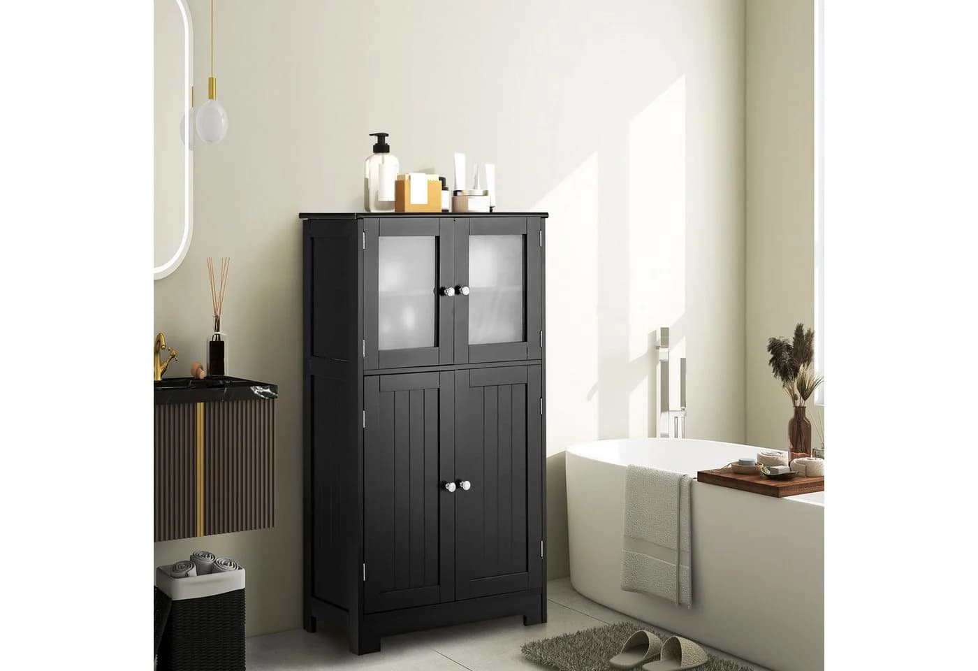 COSTWAY Mehrzweckschrank 4-türig Weiß/Grau mit verstellbarem Regal