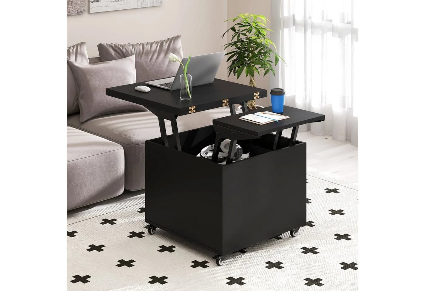 COSTWAY Couchtisch höhenverstellbar mit Schublade & Rollen