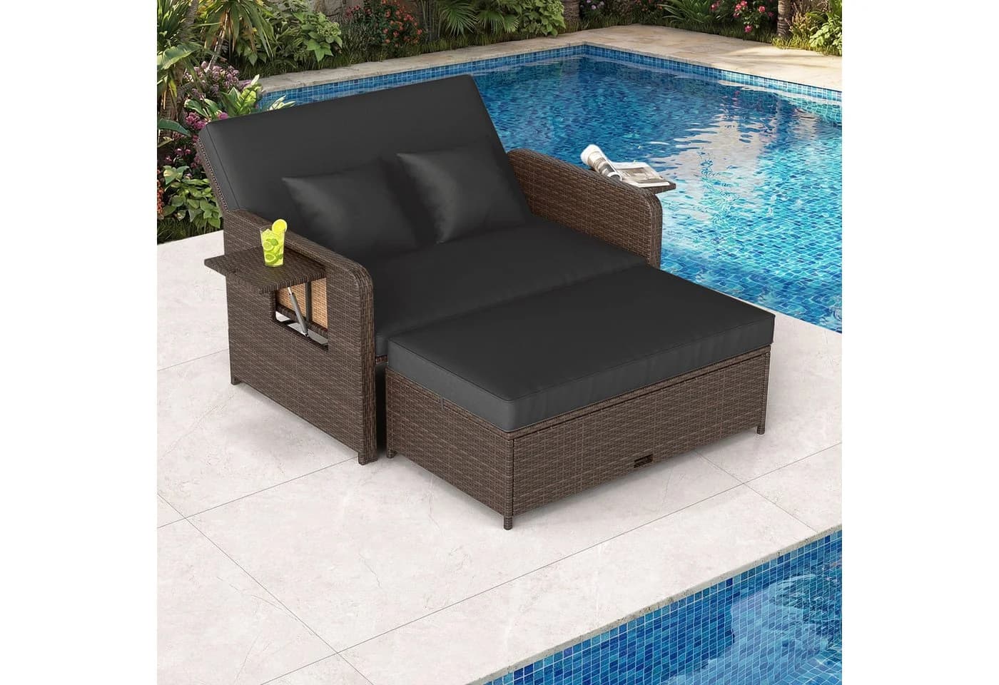 COSTWAY Loungebett Rattan 2-Personen 3 in 1 mit verstellbarer Rückenlehne