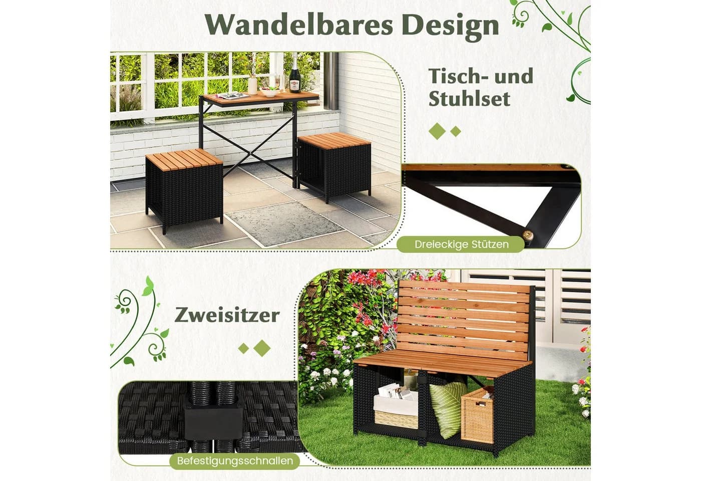 COSTWAY 2-in-1 Gartenbank & Picknicktisch Schwarz/Natur PE-Rattan
