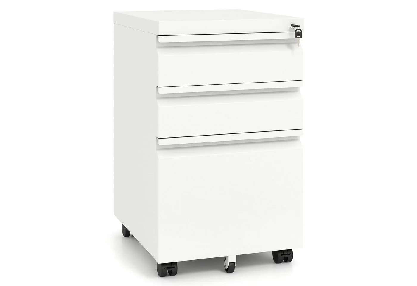 COSTWAY Rollcontainer Aktenschrank abschließbar 3 Schubladen Stahl Weiß/Schwarz