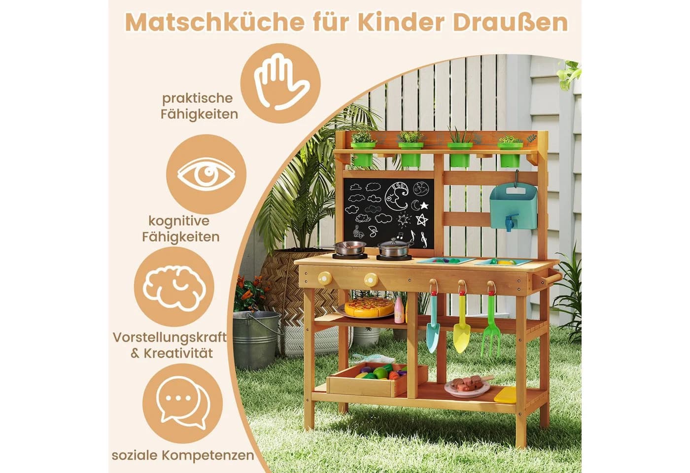 KOMFOTTEU Outdoor-Spielküche Holz mit Pflanzkästen & Werkzeug