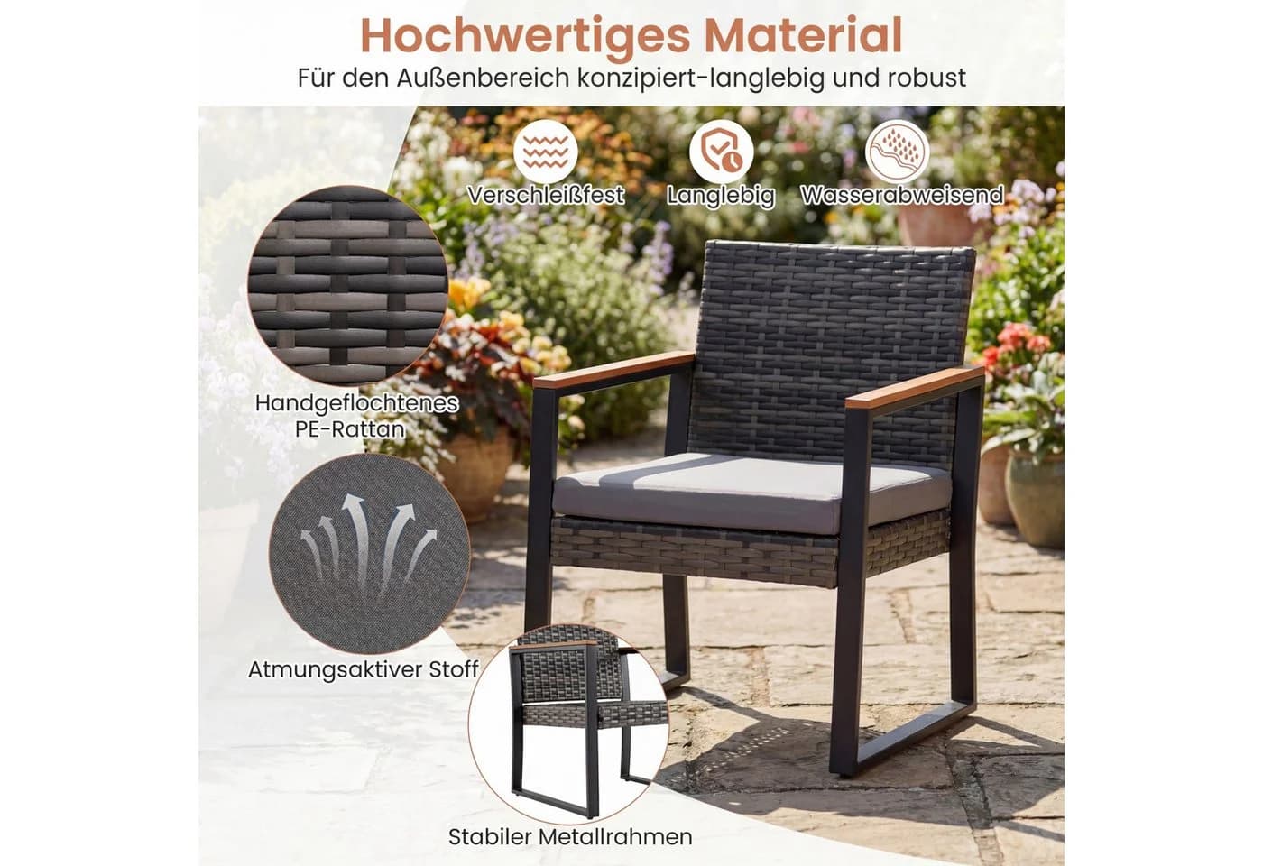 COSTWAY Balkonset 3-tlg. Grau PE-Rattan mit Kissen