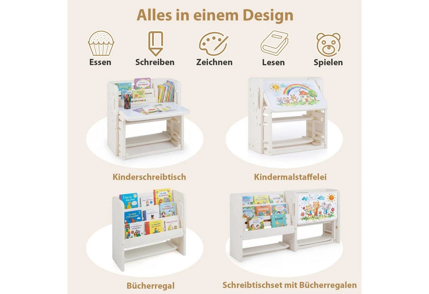 COSTWAY Kindersitzgruppe Beige mit Bücherregal und Stuhl