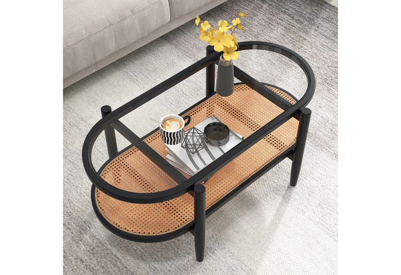 COSTWAY Couchtisch Glas Rattan Holz Braun mit Stauraum