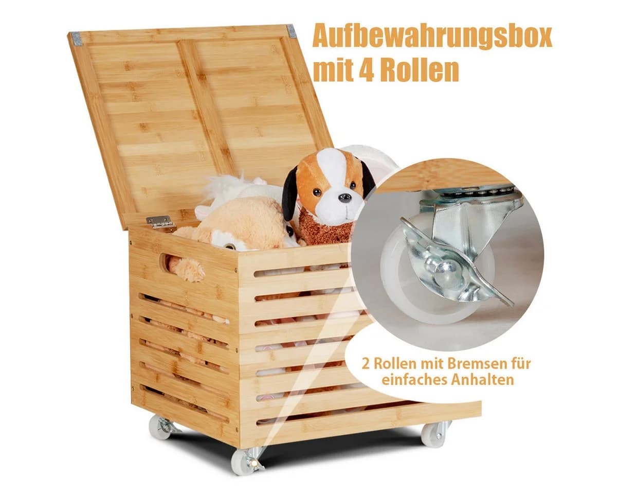 COSTWAY Spielzeugtruhe Bambus Aufbewahrungsbox mit Rollen