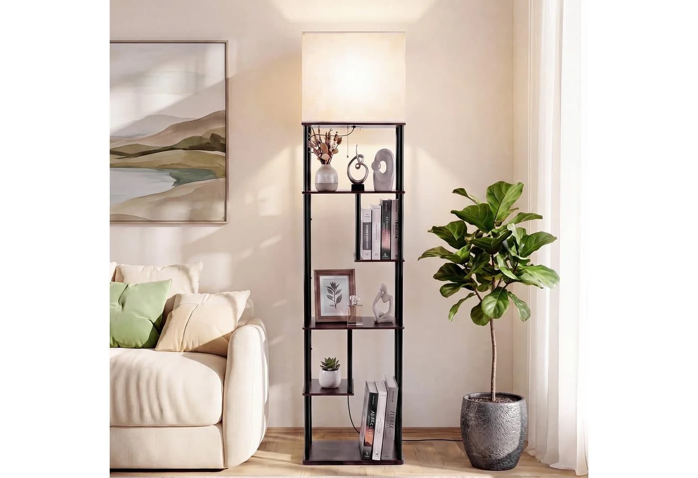 COSTWAY Stehlampe mit 5 Regalen Schwarz/Beige Modern