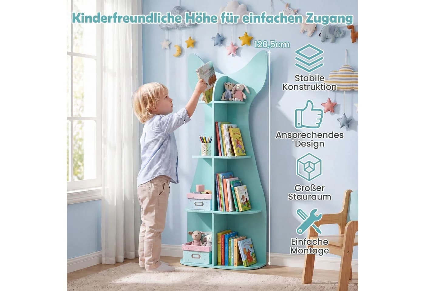 COSTWAY Kinderregal Fischschwanzform Blau 8 Fächer