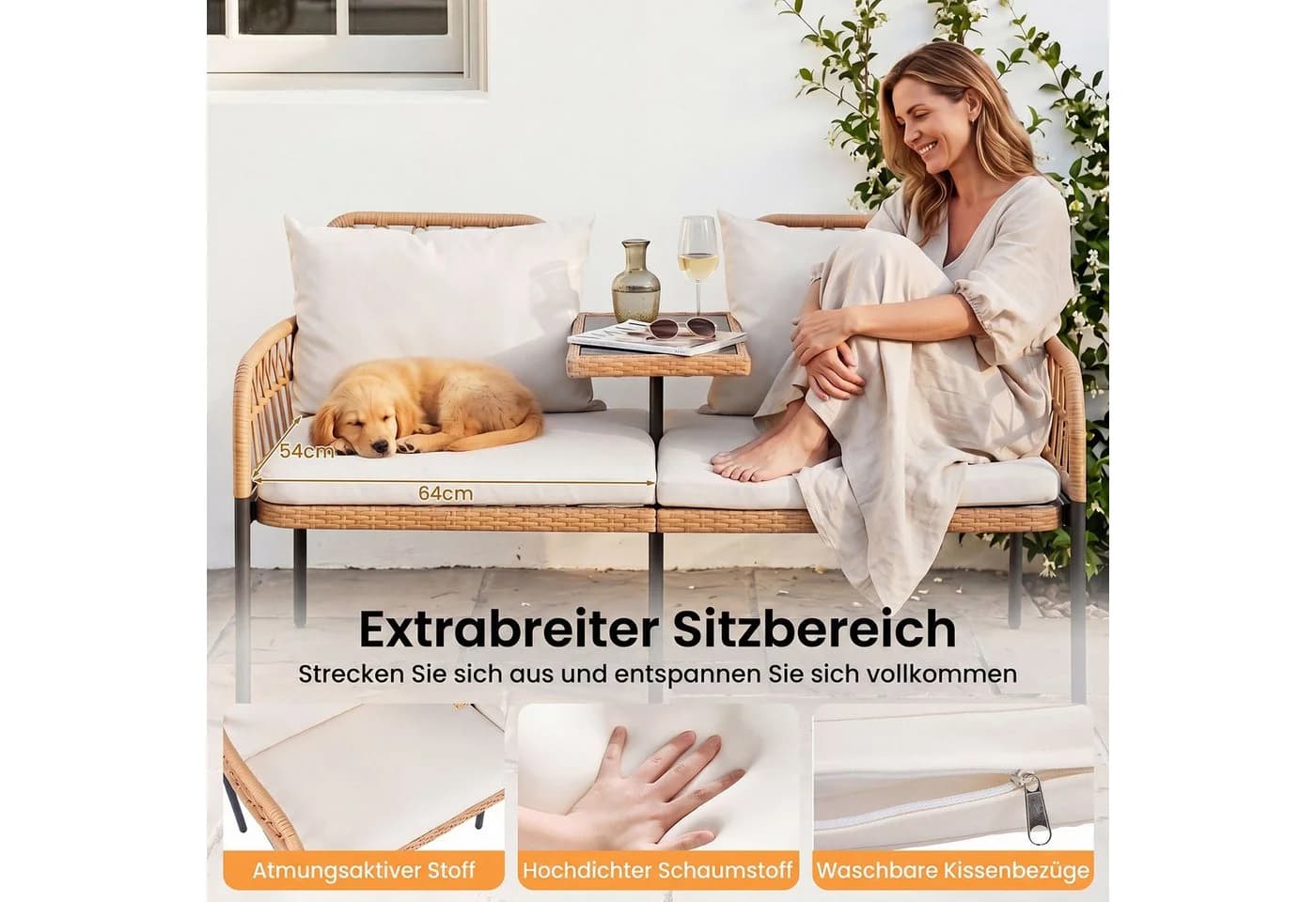 COSTWAY Balkonset 2-Sitzer Gartenbank Polyrattan mit Hartglastisch