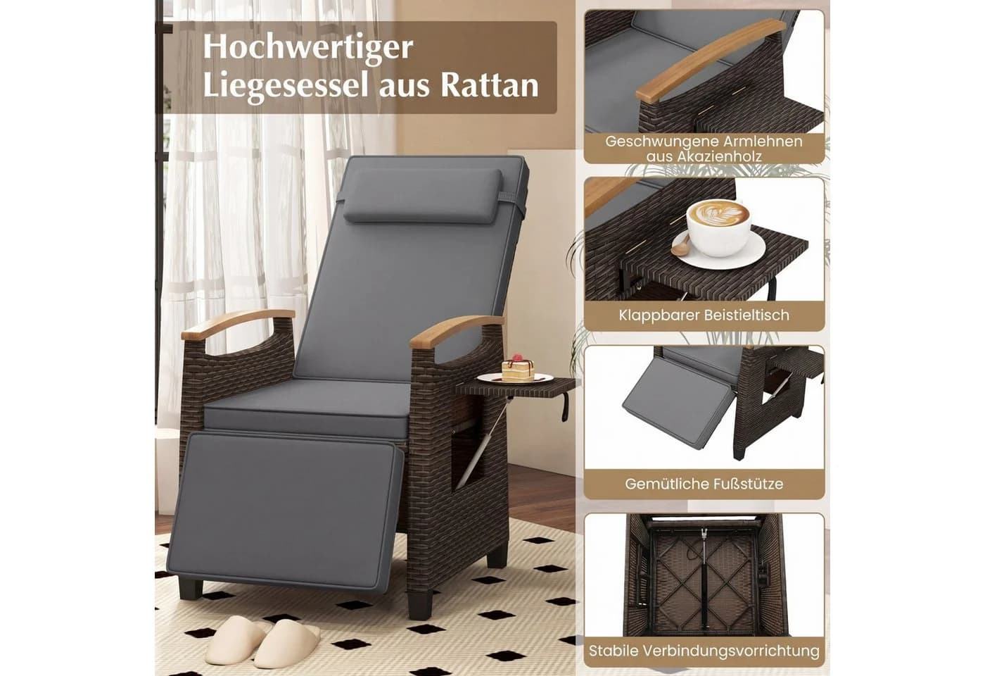 COSTWAY Gartenliege mit verstellbarer Rückenlehne und Kissen