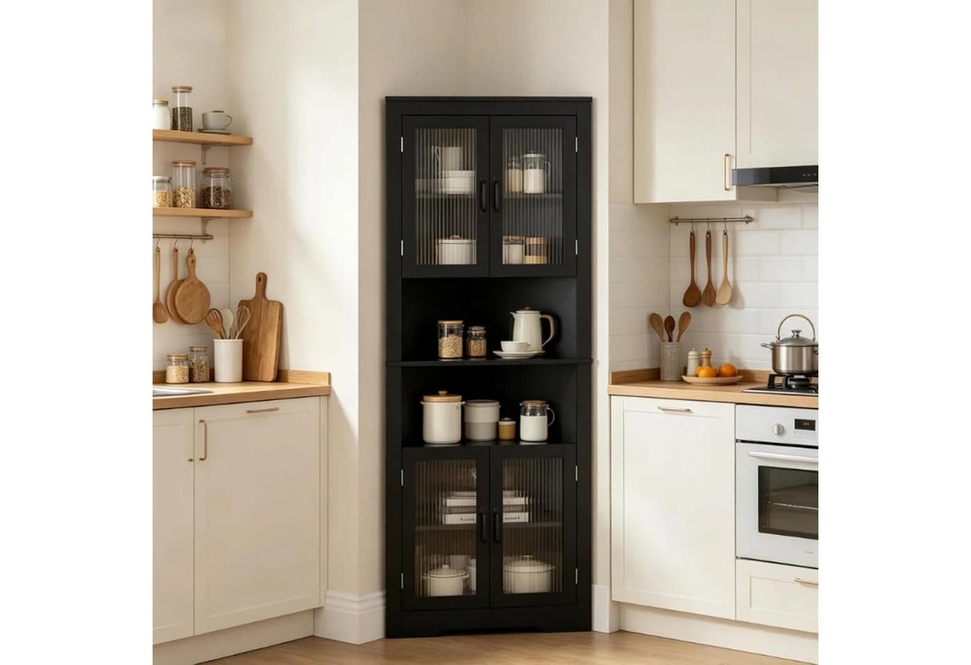 KOMFOTTEU Hochschrank 6-stufiger Eckschrank Weiß/Schwarz mit Glastüren