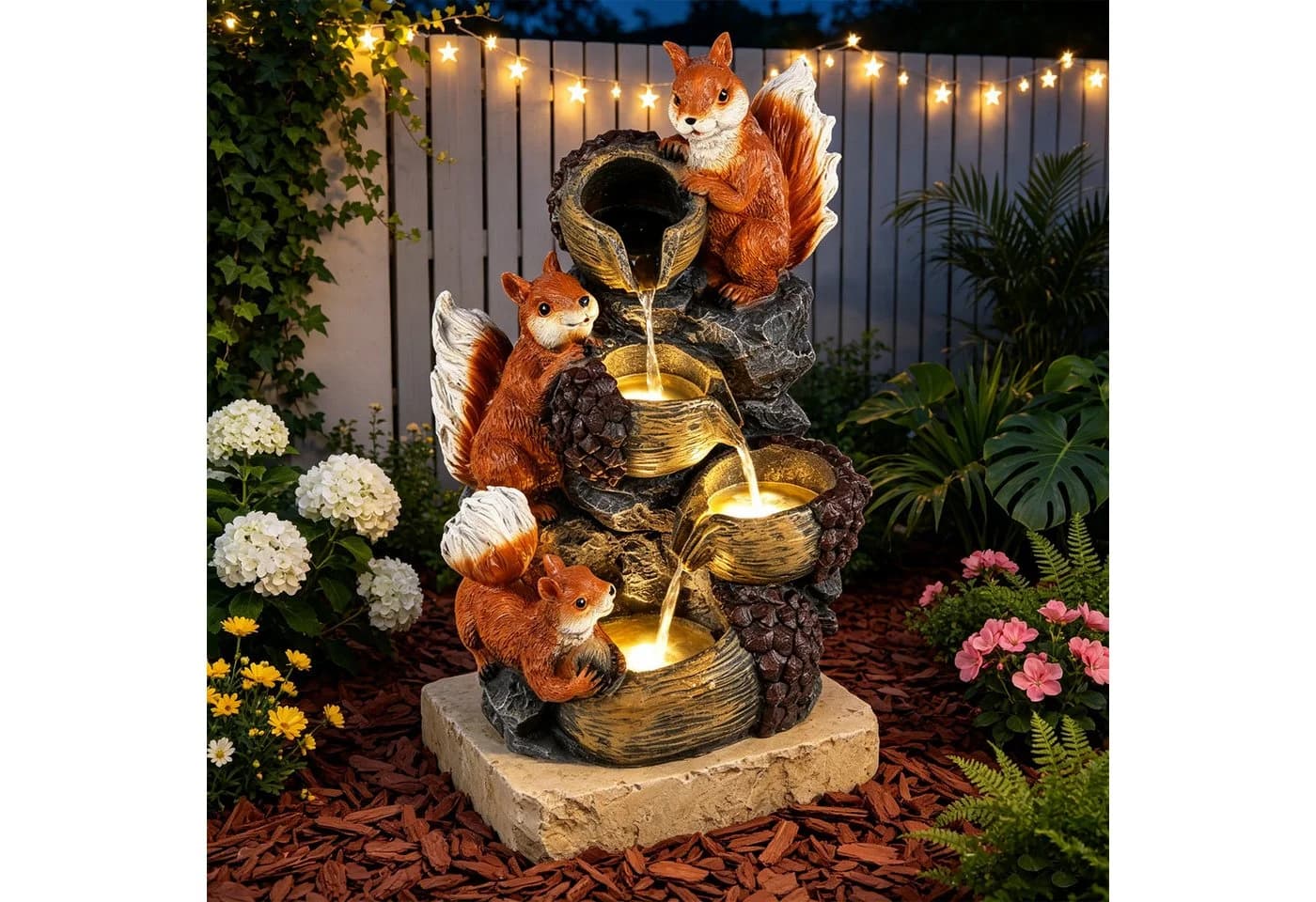 KOMFOTTEU Gartenbrunnen 4-stufig mit LED Grau/Orange