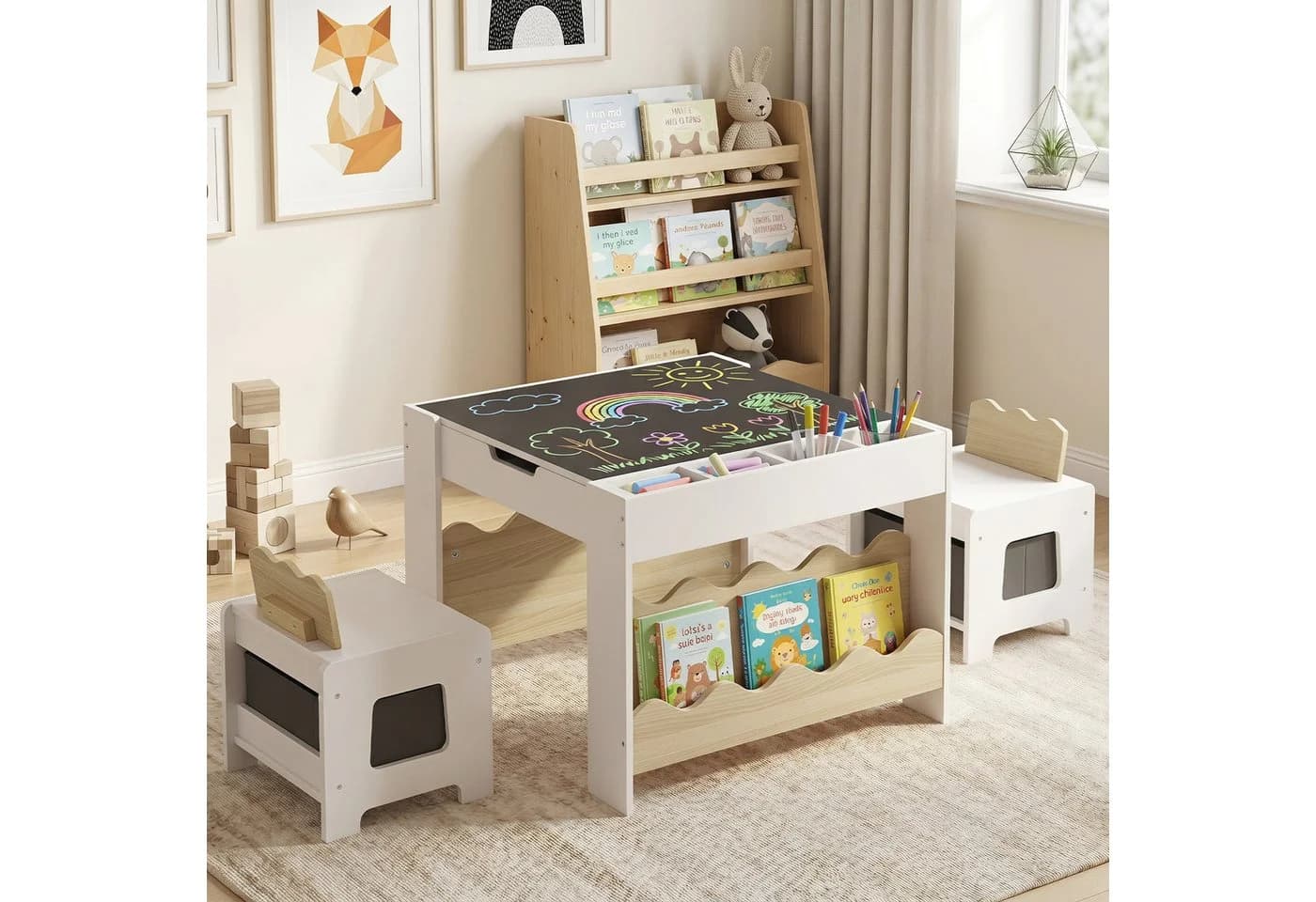 COSTWAY Kindersitzgruppe 3-tlg. Beige Holz mit wendbarer Tafelplatte