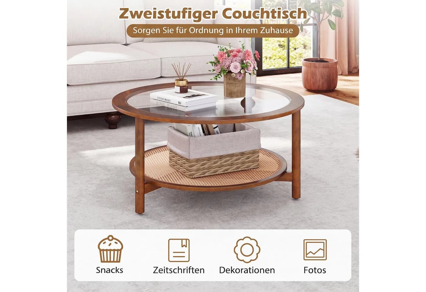 COSTWAY Runder Couchtisch Glasplatte Gummibaumholz Walnuss