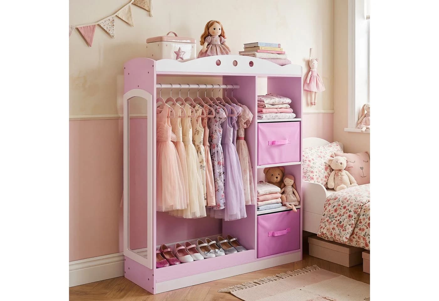 COSTWAY Kindergarderobe mit Spiegel Rosa/Weiß
