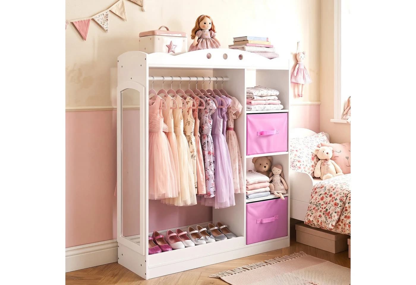 COSTWAY Kleiderständer Kindergarderobe mit Spiegel Rosa/Weiß