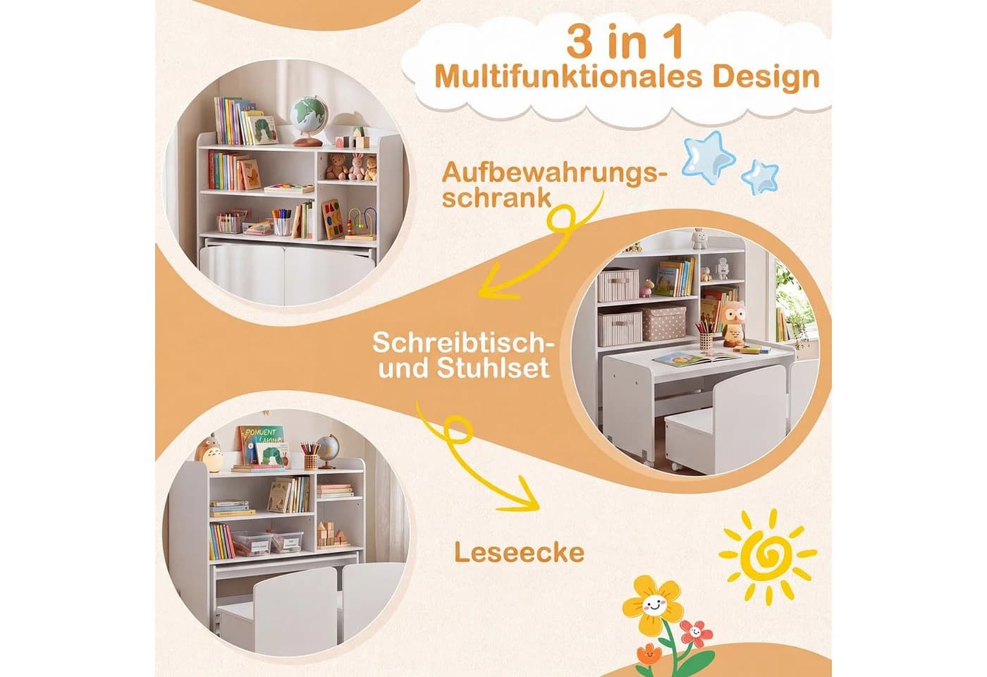 COSTWAY Kindertisch 3-in-1 Kinderregal mit Rollen, 2 Stühle Weiß