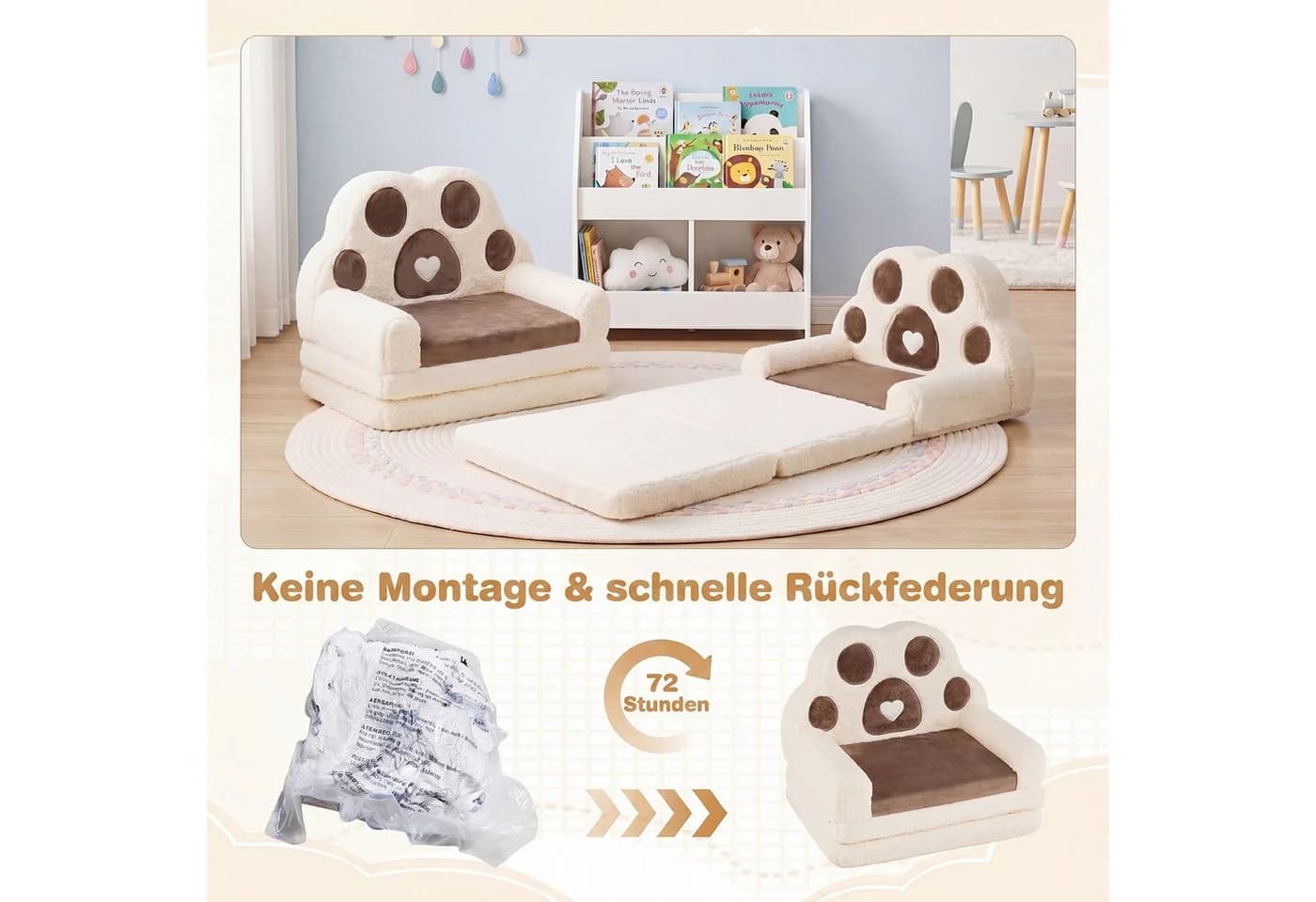 COSTWAY Kindersofa 2 in 1 Ausklappbar Bärentatzen Braun