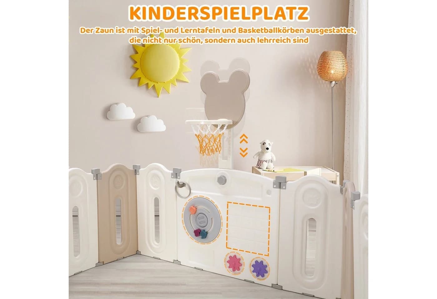 TLGREEN Laufgitter Baby Laufstall XXL 143x143x64cm Faltbar Krabbelgitter Basketballkorb Spielpanel
