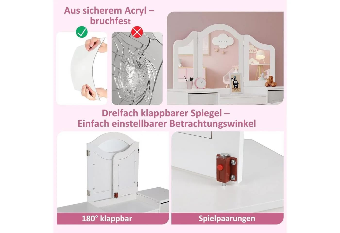 TLGREEN Schminktisch 2 in 1 Rosa-Weiß Kiefernholz 108x30x114 cm