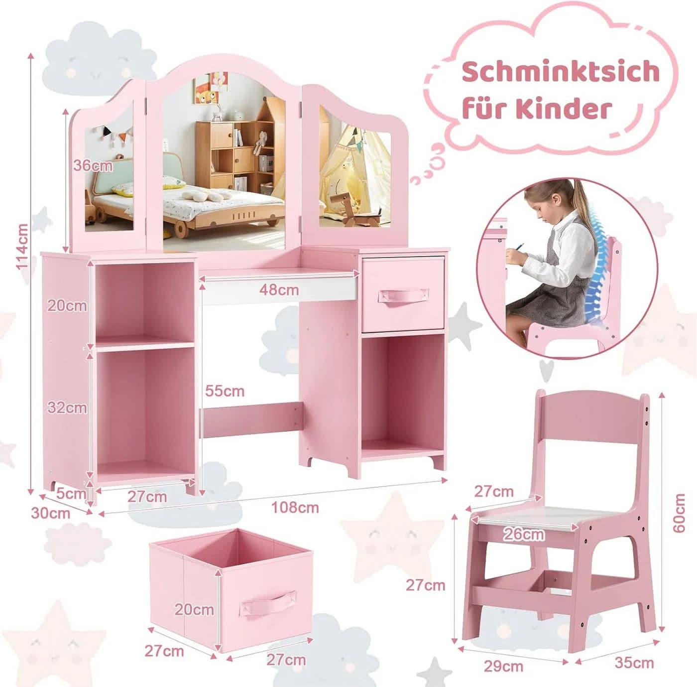 TLGREEN Kinderschminktisch 2 in 1 Rosa-Weiß 108x30x114 cm