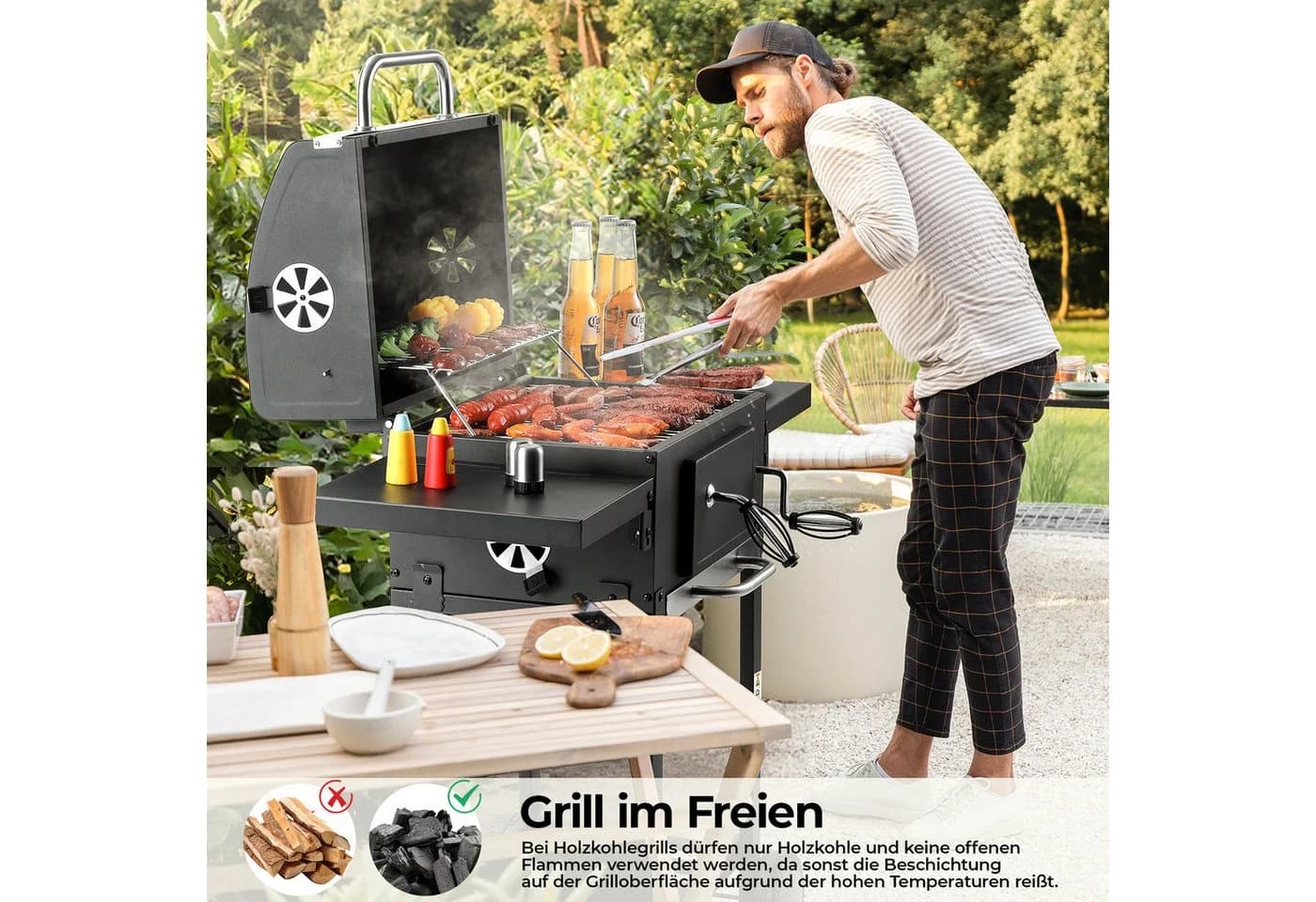 TLGREEN Holzkohlegrill Grillwagen Höhenverstellbar Grau