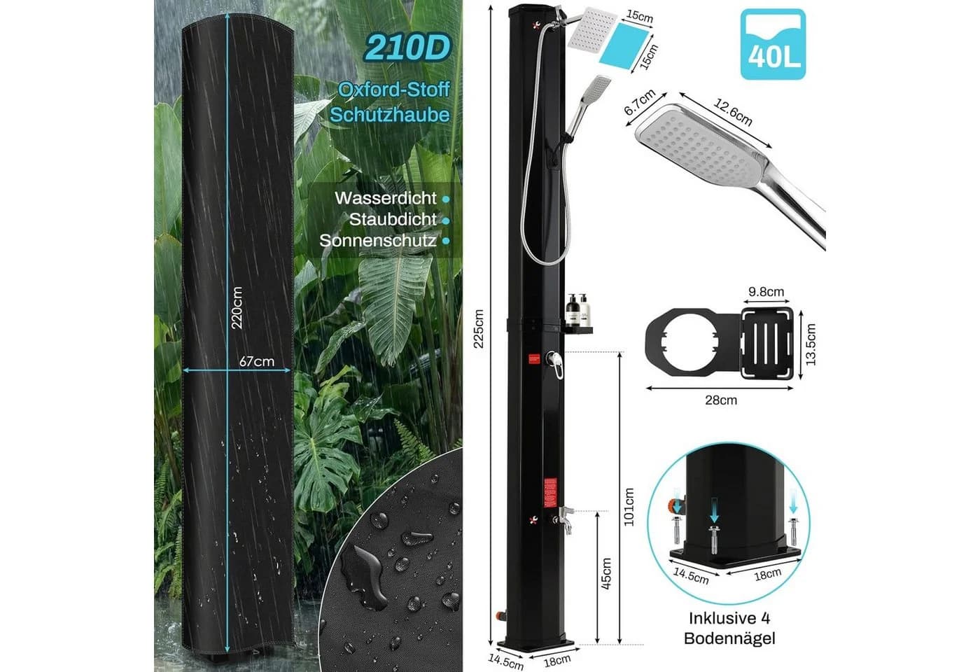 TLGREEN Solardusche 40L mit Handbrause, Regenduschkopf & Fußdusche Schwarz