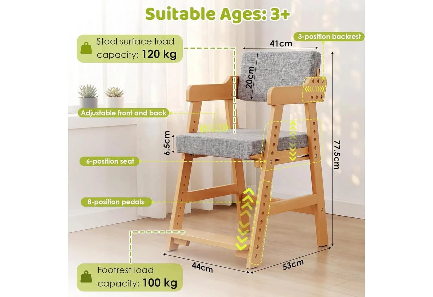 TLGREEN Höhenverstellbarer Kinderstuhl aus Buche