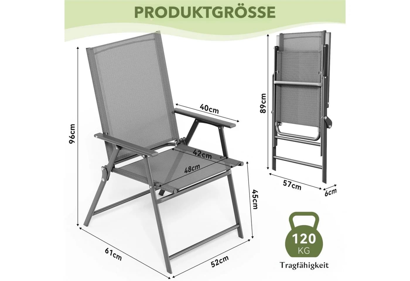 TLGREEN Klappstuhl Gartenstuhl mit Teslin-Gewebe Grau Schwarz