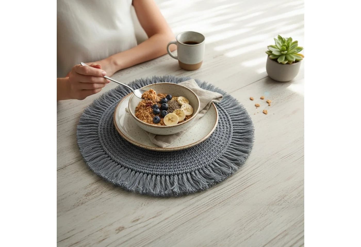 Meinposten Makramee Platzset Tischdeko rund boho Deko creme 38 cm