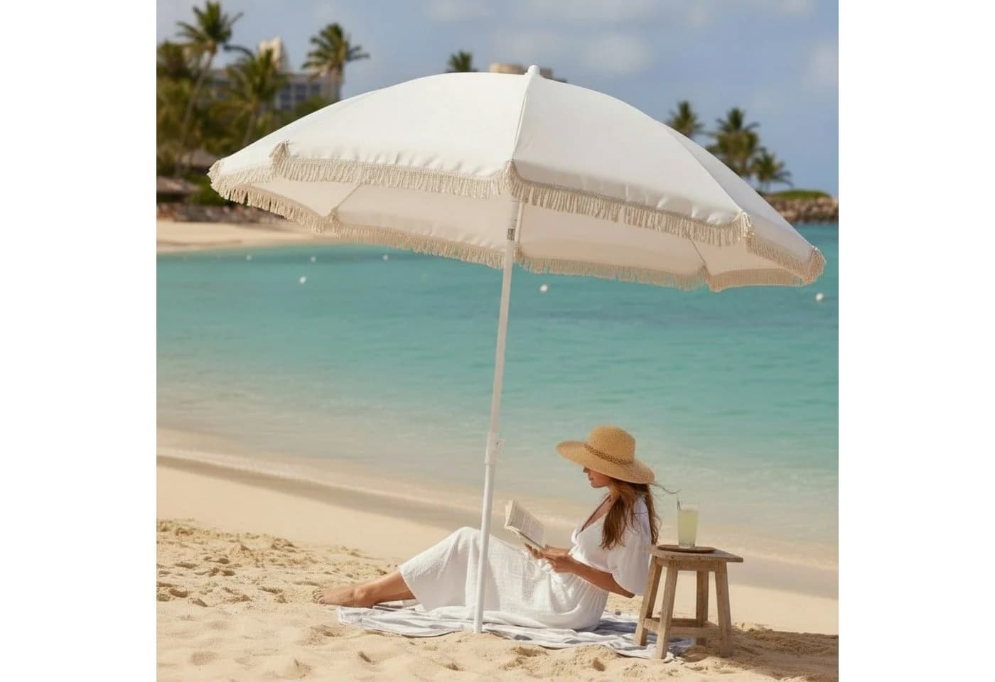 Meinposten Sonnenschirm Creme Fransen UV30+ 155cm