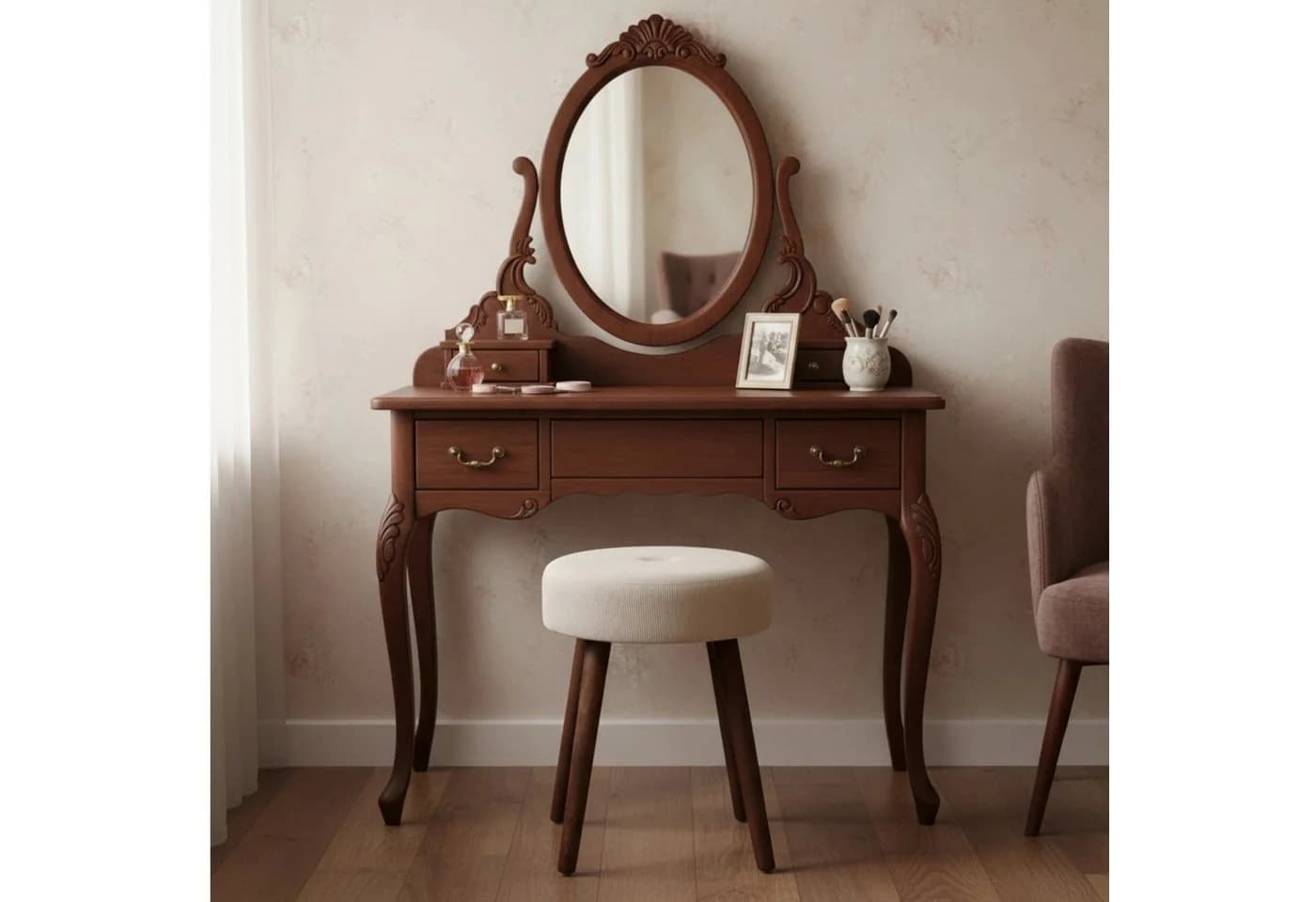 Moderner Sitzhocker aus Cord und Holz in Beige