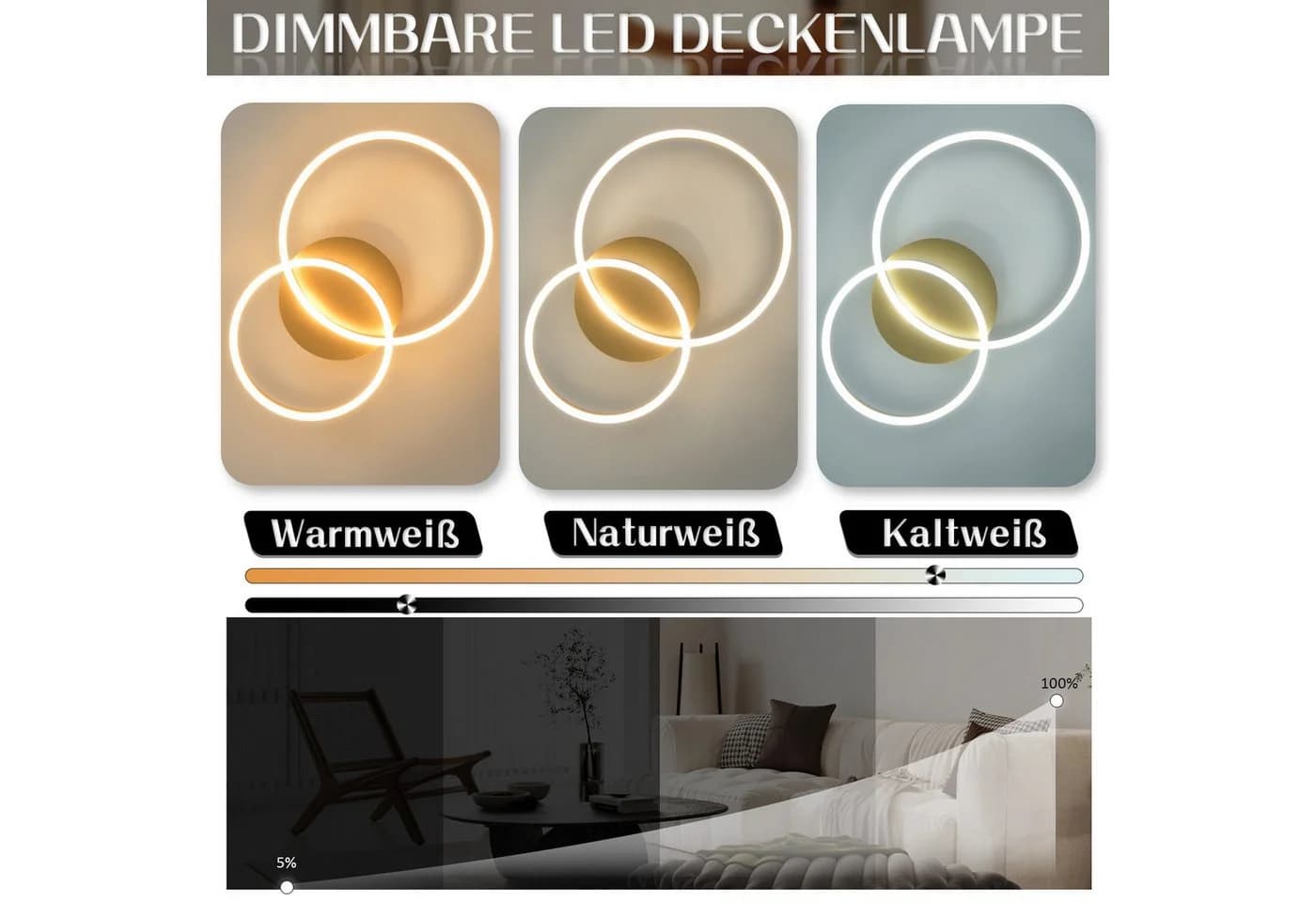 ZMH LED Deckenleuchte Dimmbar Schwarz/Gold Ringe Deckenlampe Modern 46W Wohnzimmer