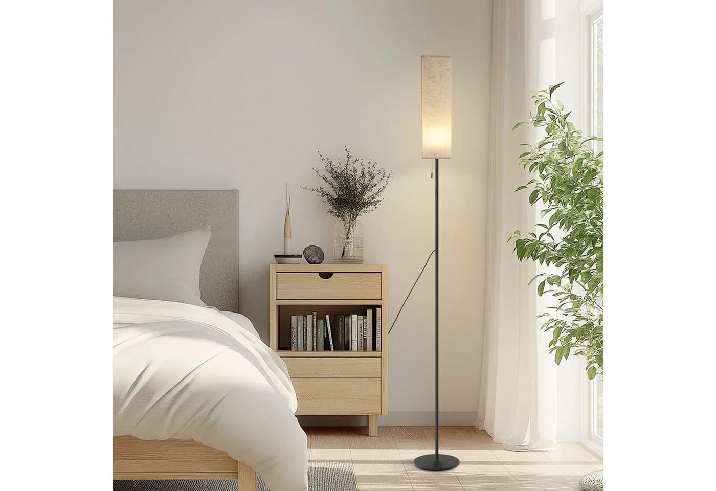 ZMH LED Stehlampe Dimmbar Retro Stoffschirm Beige