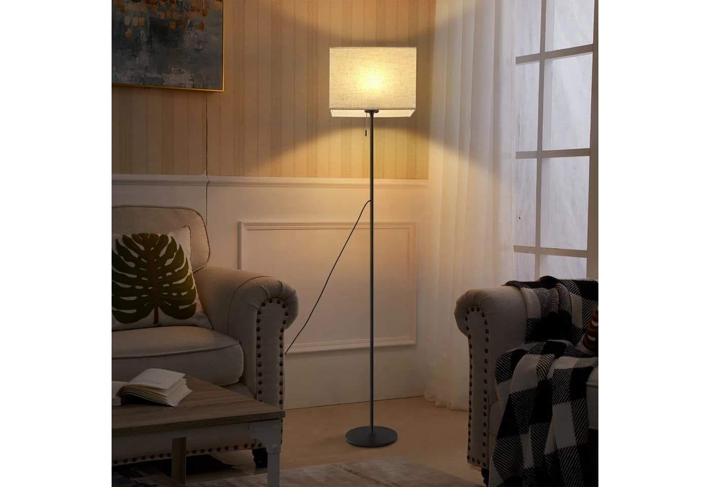 ZMH LED Stehlampe Retro Dimmbar Schwarz/Beige Stoffschirm