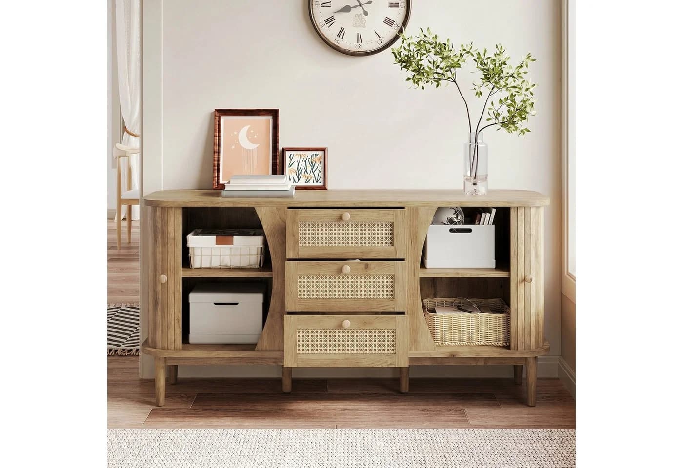 kowdom Sideboard Rattan 140 cm Walnussholz-Optik Massivholzbeine