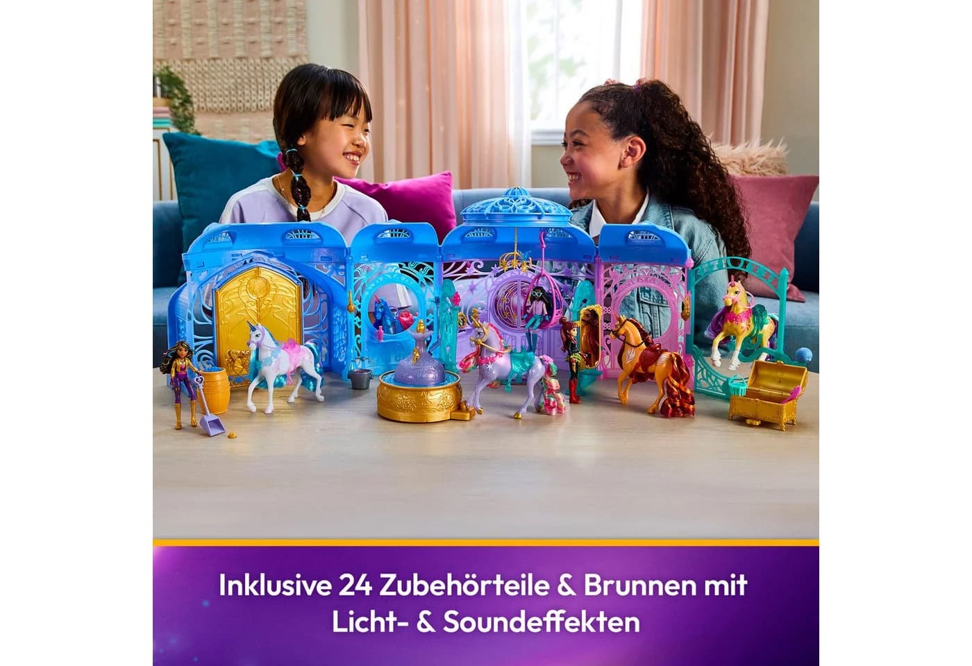 Spin Master Anziehpuppe Unicorn Academy - Stall Starglow Fountain & Stable, mit Licht und Sound