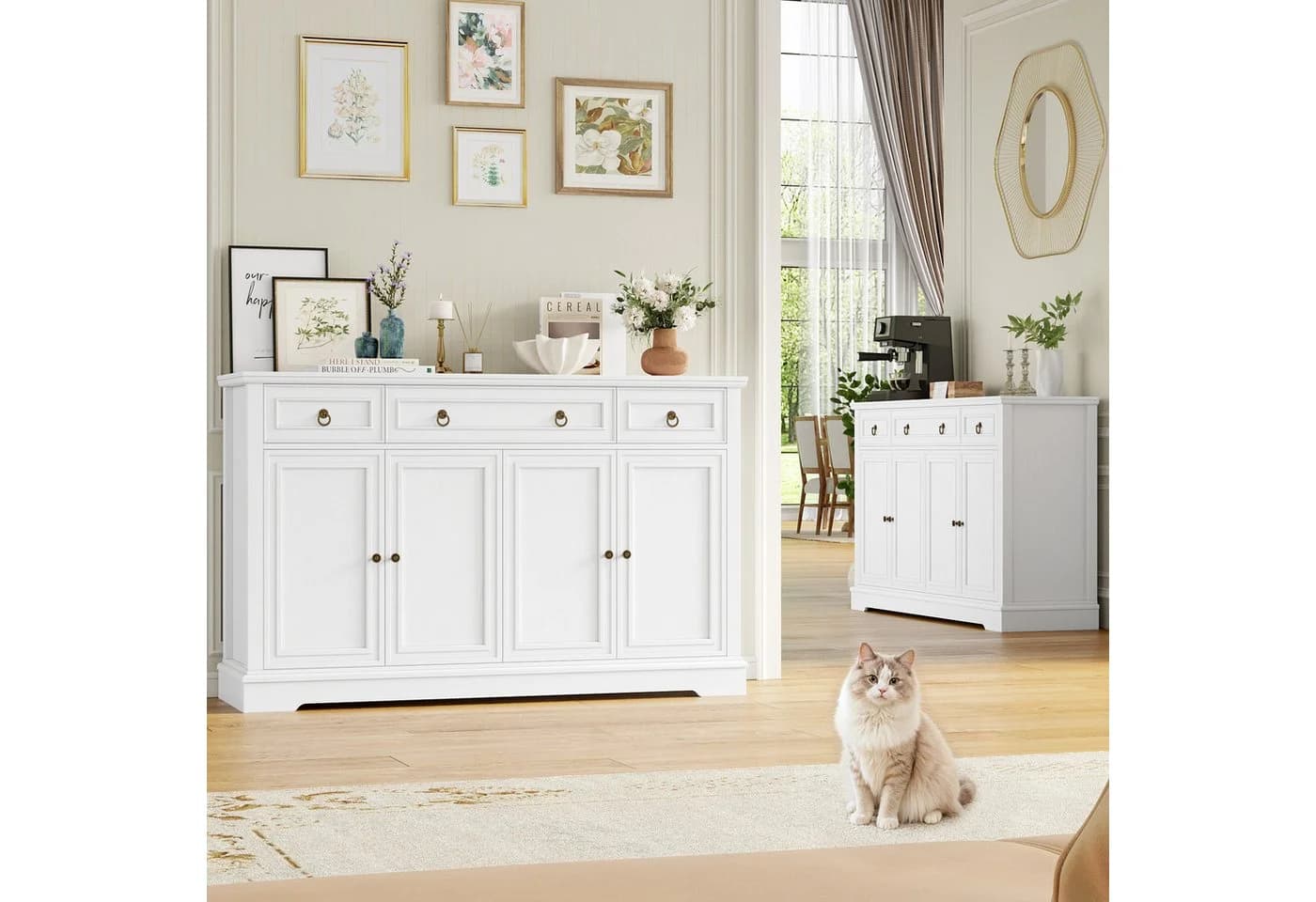 Homfa Sideboard mit 3 Schubladen 4 Türen TV-Schrank weiß