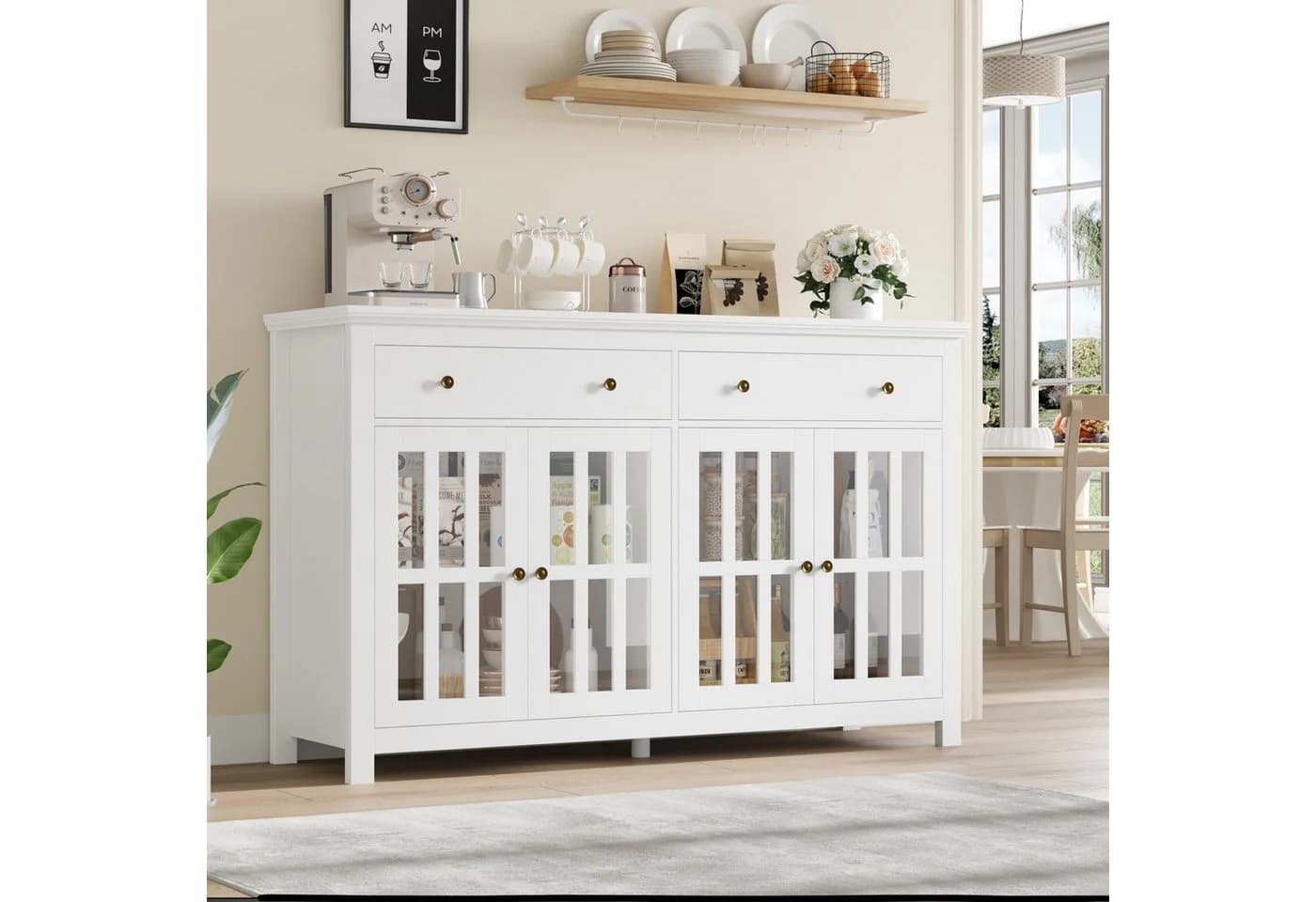 Homfa Sideboard Küchenschrank Buffetschrank 2 Schubladen 4 Glastüren 140x40x91cm Weiß
